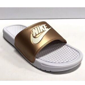 Nike Women’s Benassi JDI Slide Sandals White/Bronze, Size 9 M.